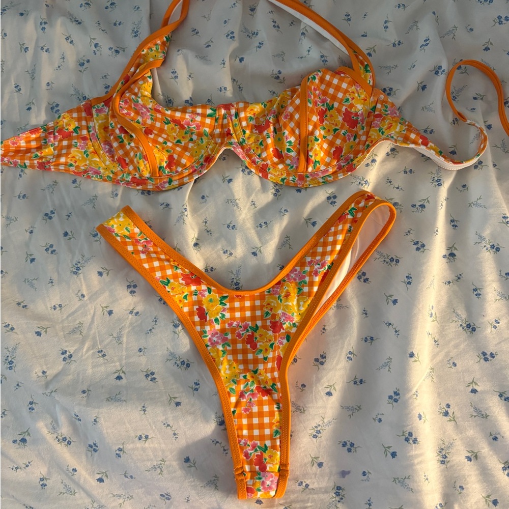 Frankie's Bikinis Orange Gingham Floral Bikini